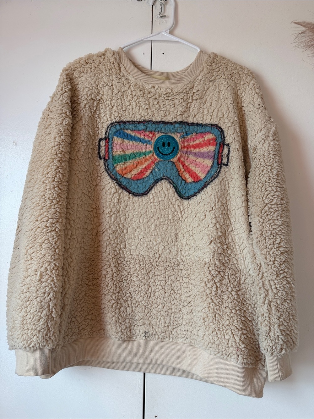 Judith March Cream Sherpa Pullover with Multicolor Goggle Patch